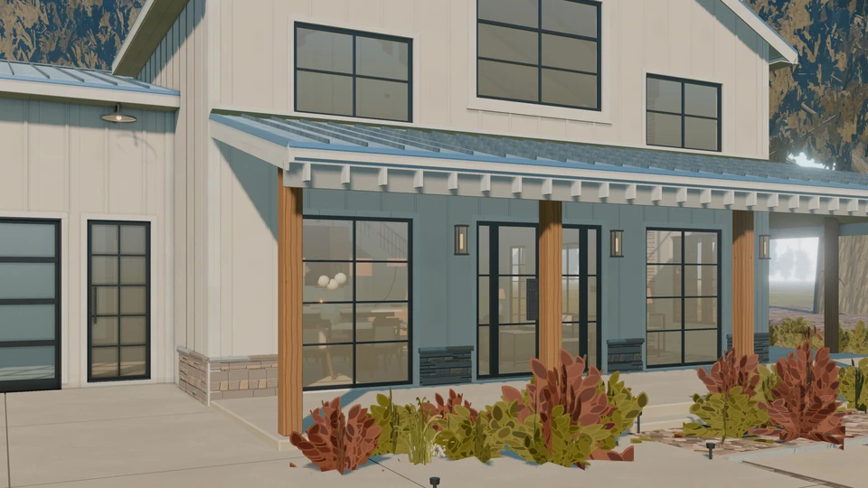 A native Whistlewood exterior capture showing its timber porch, glazing and planting