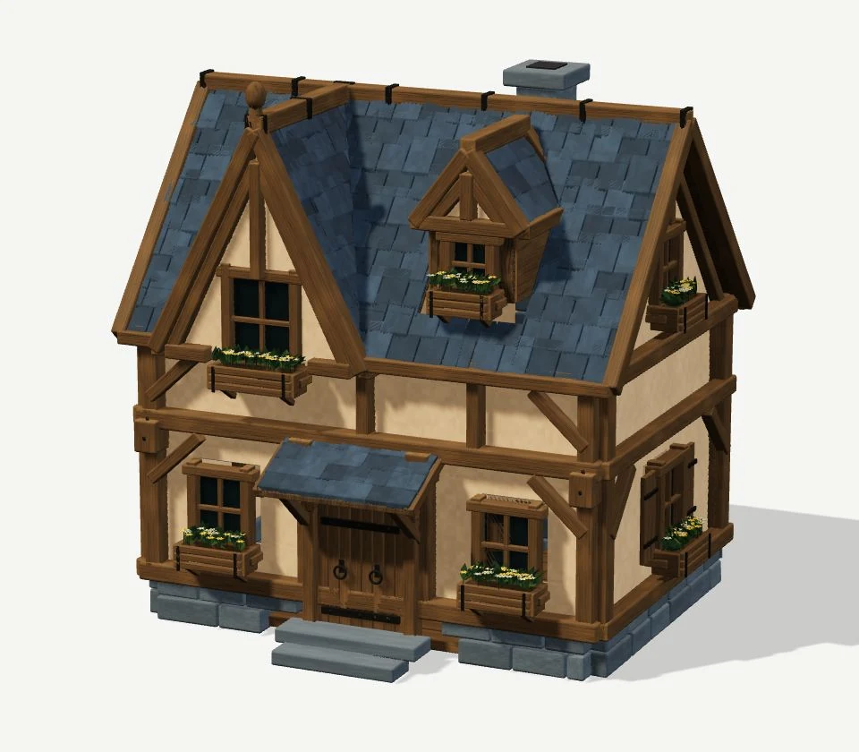 Half-timber townhouse with blue shingles, cream plaster, timber framing and flower boxes