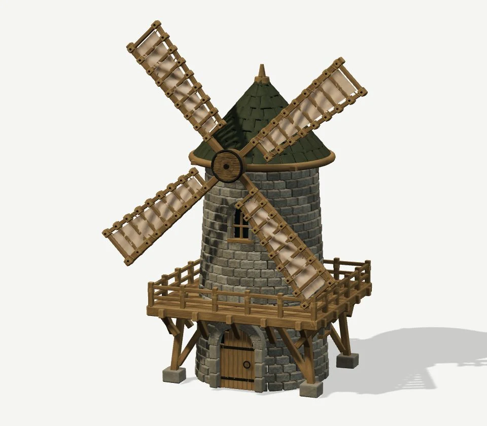 Round stone windmill with a green shingle cap, timber balcony and four cloth sails