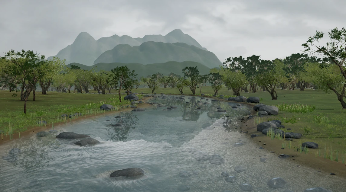 A view along the flowing river, with foreground rocks, wooded banks and mountains beyond